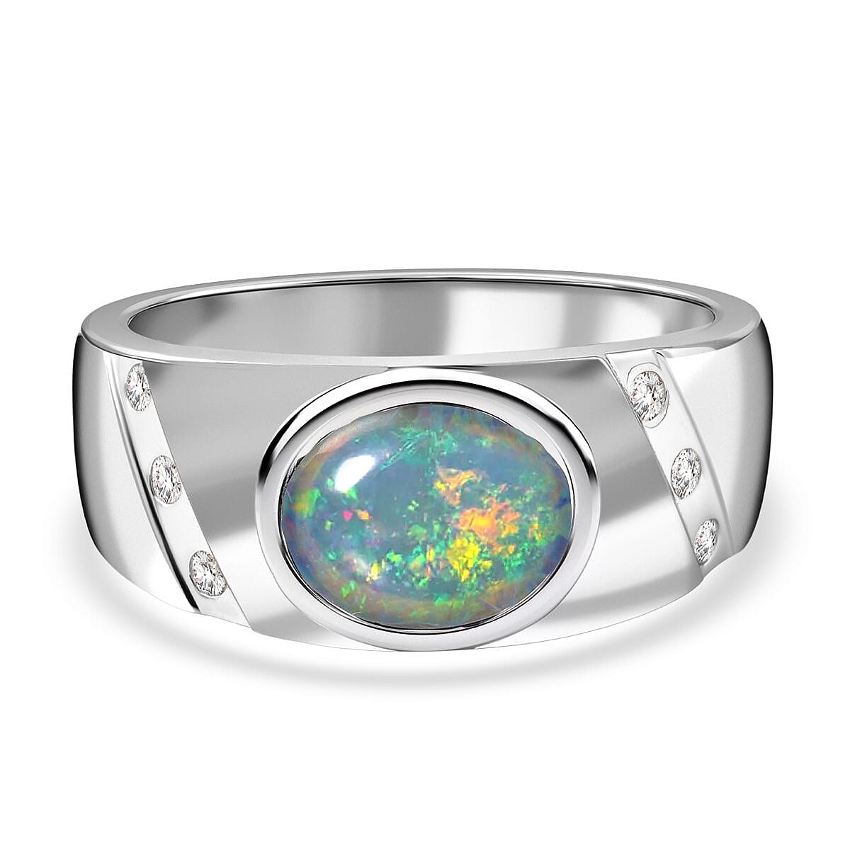 Australian Boulder Opal and Zircon Solitaire Ring in Rhodium Plated Sterling Silver 3603802 0