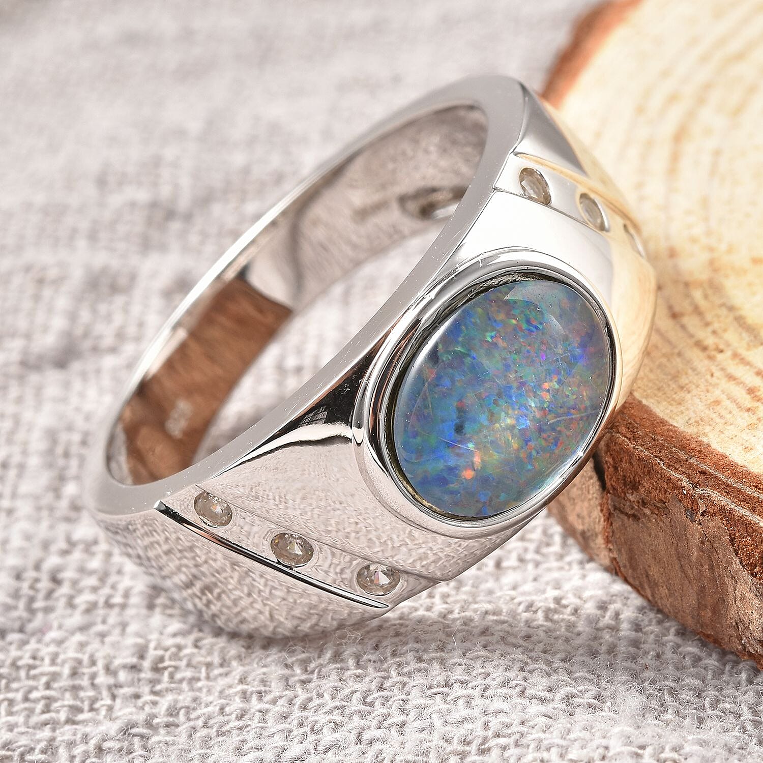Australian Boulder Opal and Zircon Solitaire Ring in Rhodium Plated Sterling Silver 3603802 2