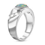 Australian Boulder Opal and Natural Cambodian Zircon Ring in Rhodium Overlay Sterling Silver 1.78 Ct, Silver Wt. 5.81 Gms.