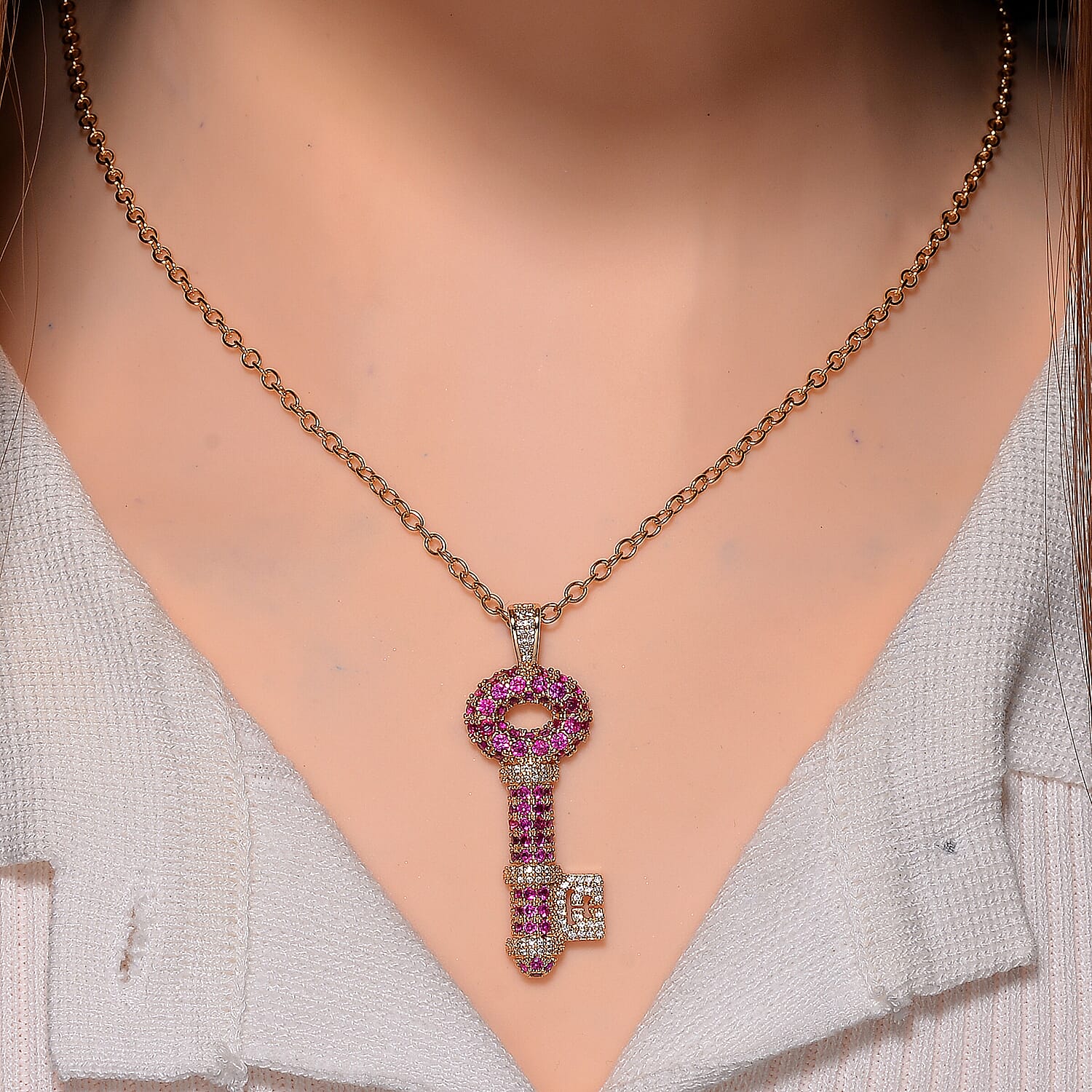 Fuchsia Crystal &amp; White Crystal Necklace (Size - 20-2 Ext) in Yellow Gold Tone 7988692 1