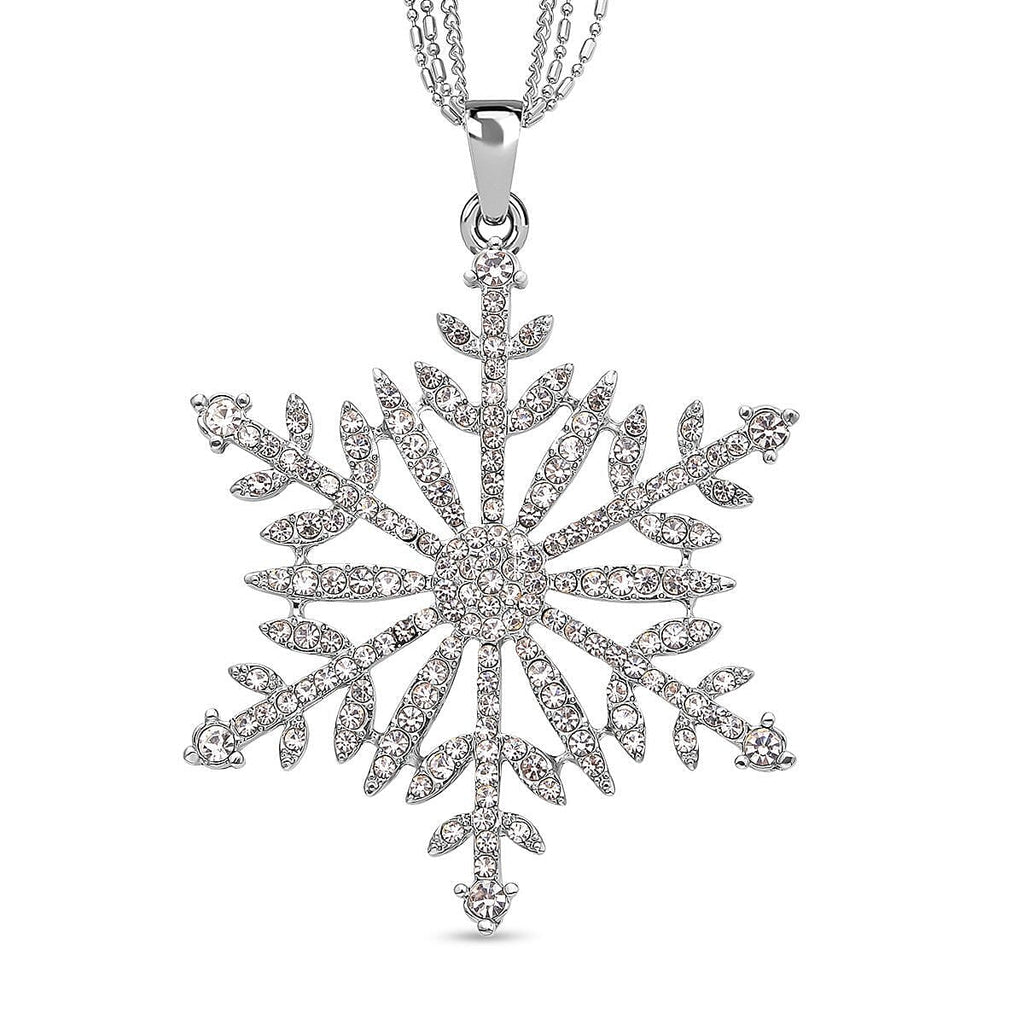 Snowflake Pattern - White Crystal Pendant with Chain (Size - 28-2 Ext) in Silver Tone