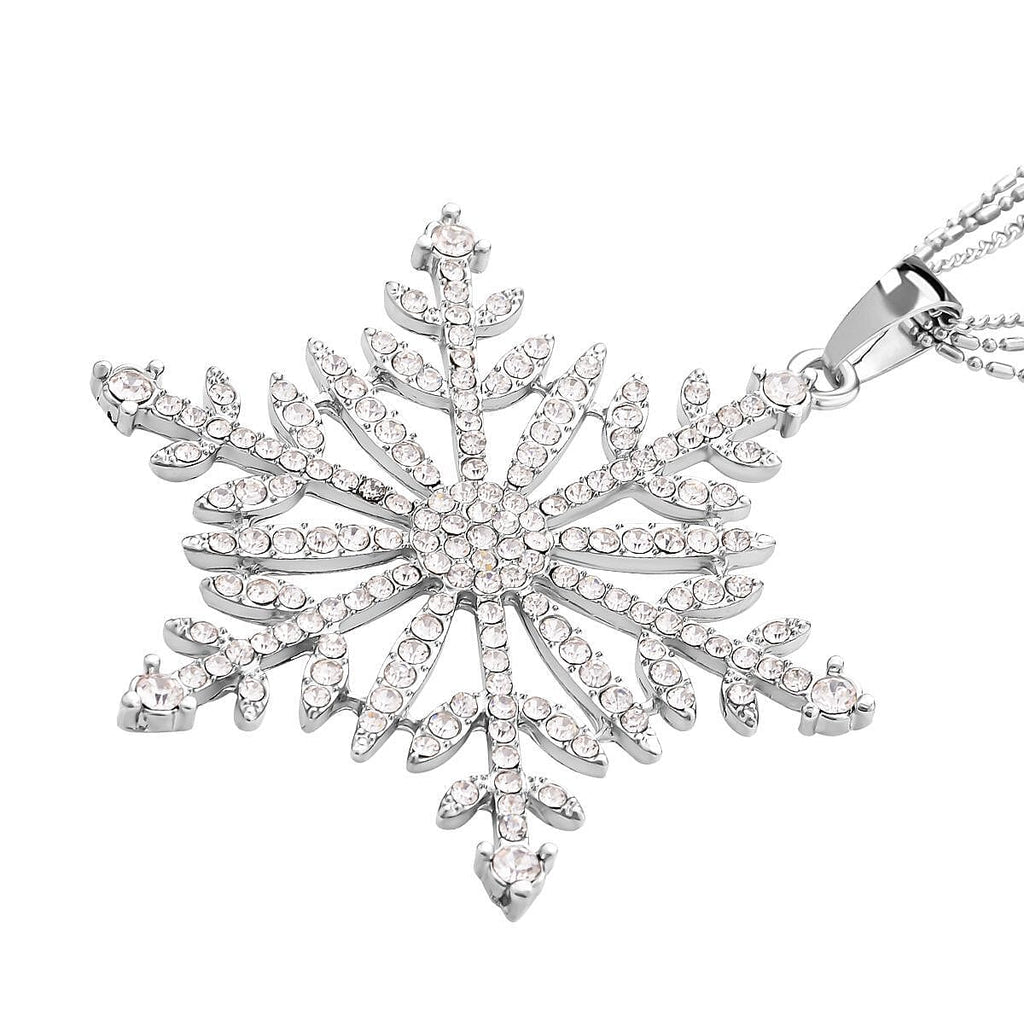 Snowflake Pattern - White Crystal Pendant with Chain (Size - 28-2 Ext) in Silver Tone