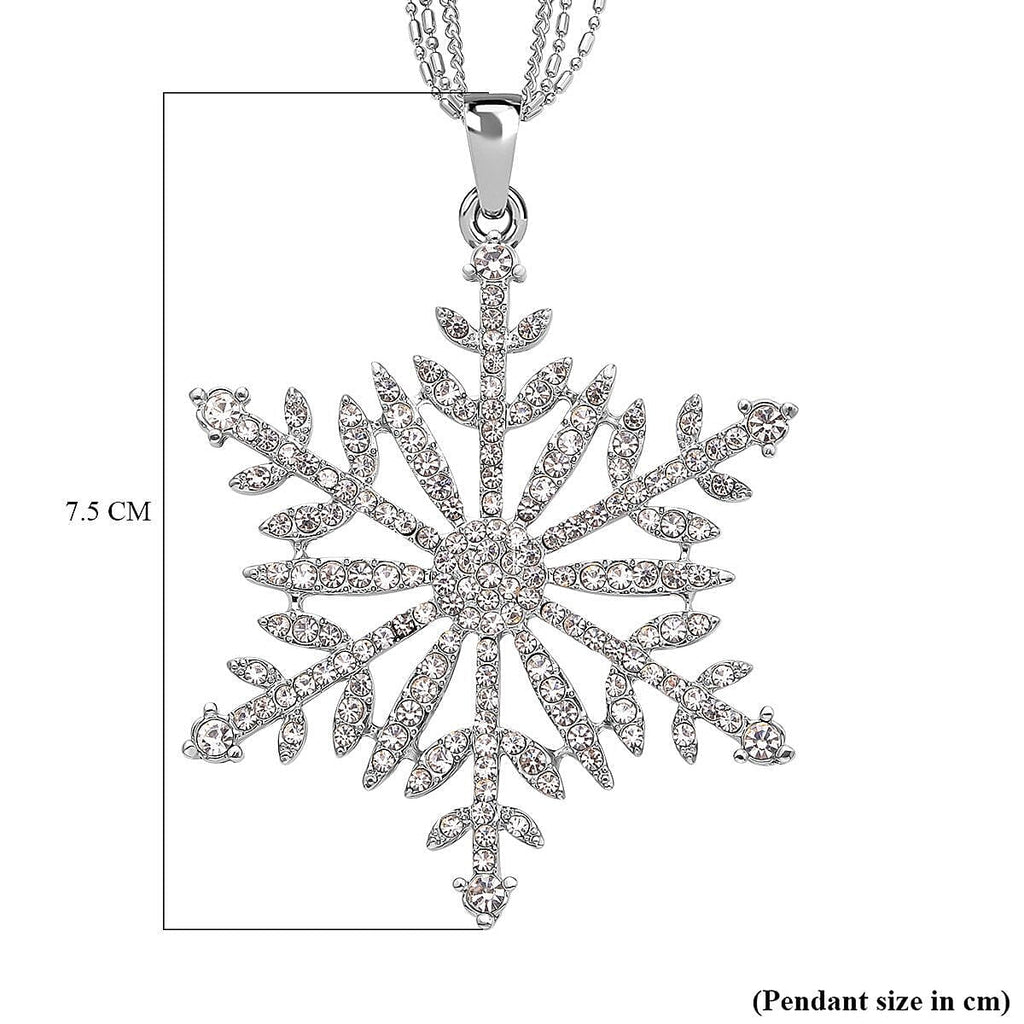 Snowflake Pattern - White Crystal Pendant with Chain (Size - 28-2 Ext) in Silver Tone