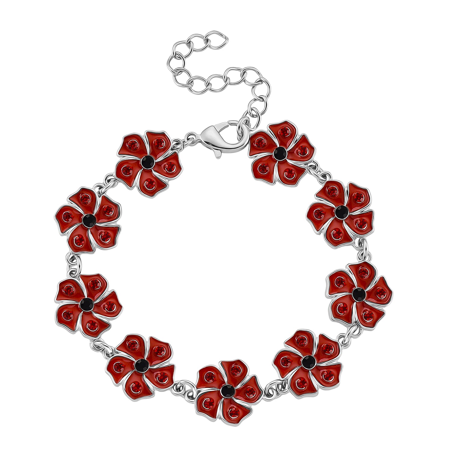 Austrian Black Crystal &amp; Austrian Red Crystal Bracelet (Size 8 - 2 Ext) in Silver Tone 8232601 0