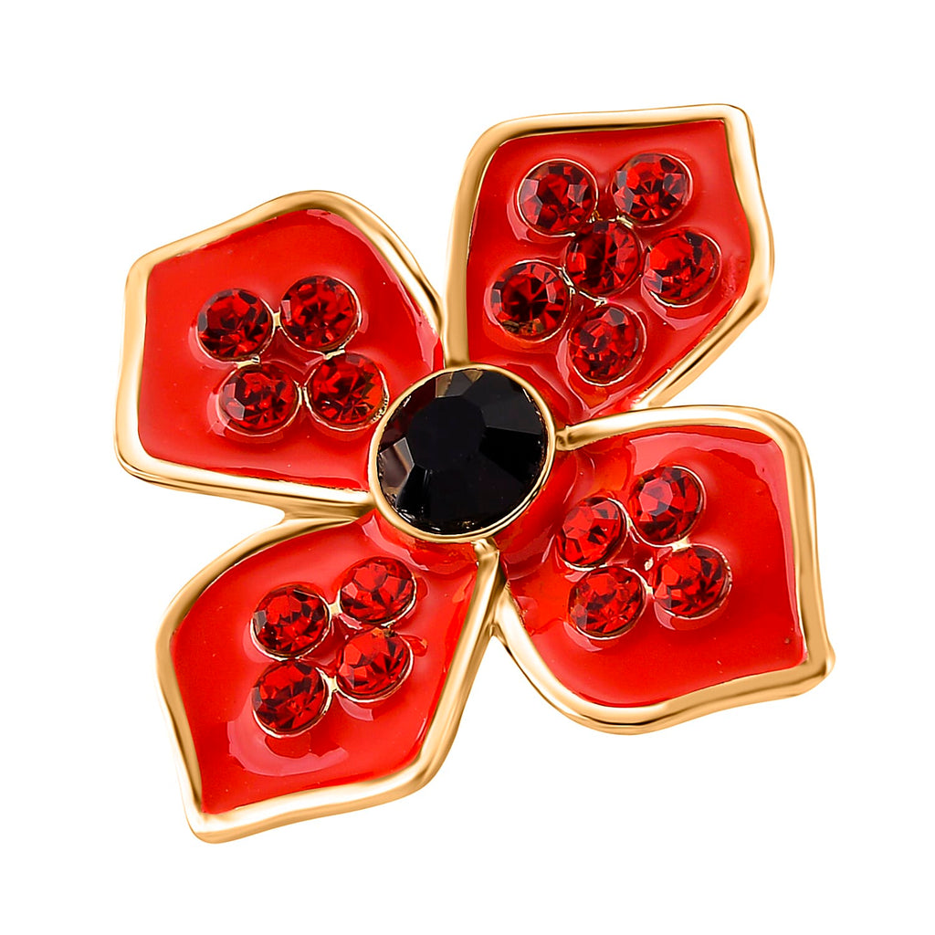 Austrian Black Crystal & Austrian Red Crystal Brooch in Yellow Gold Tone