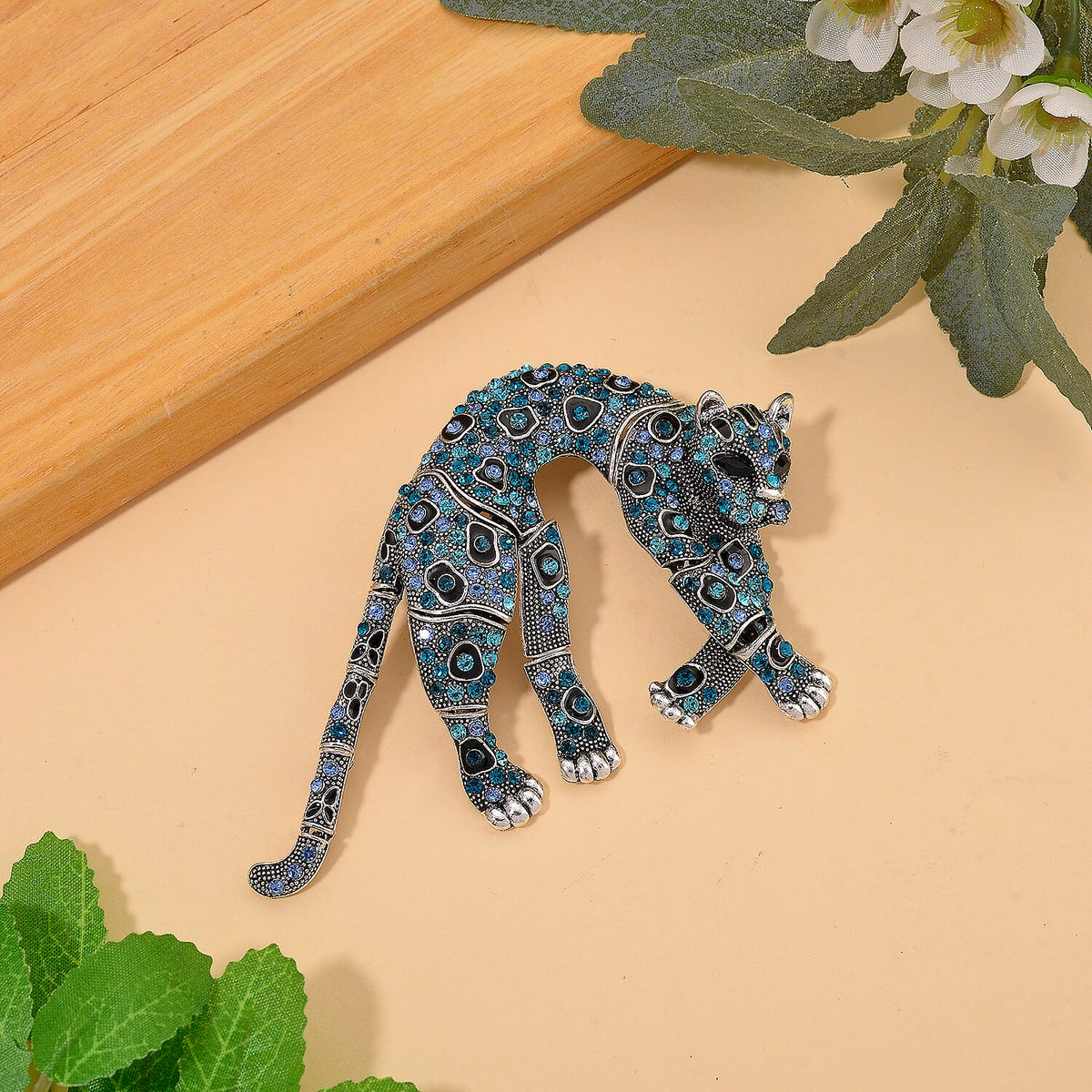 Austrian Blue Crystal &amp; Austrian Black Crystal Leopard Brooch Pendant 8256718 1
