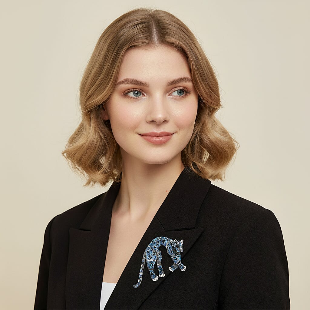 Austrian Blue Crystal &amp; Austrian Black Crystal Leopard Brooch Pendant 8256718 2