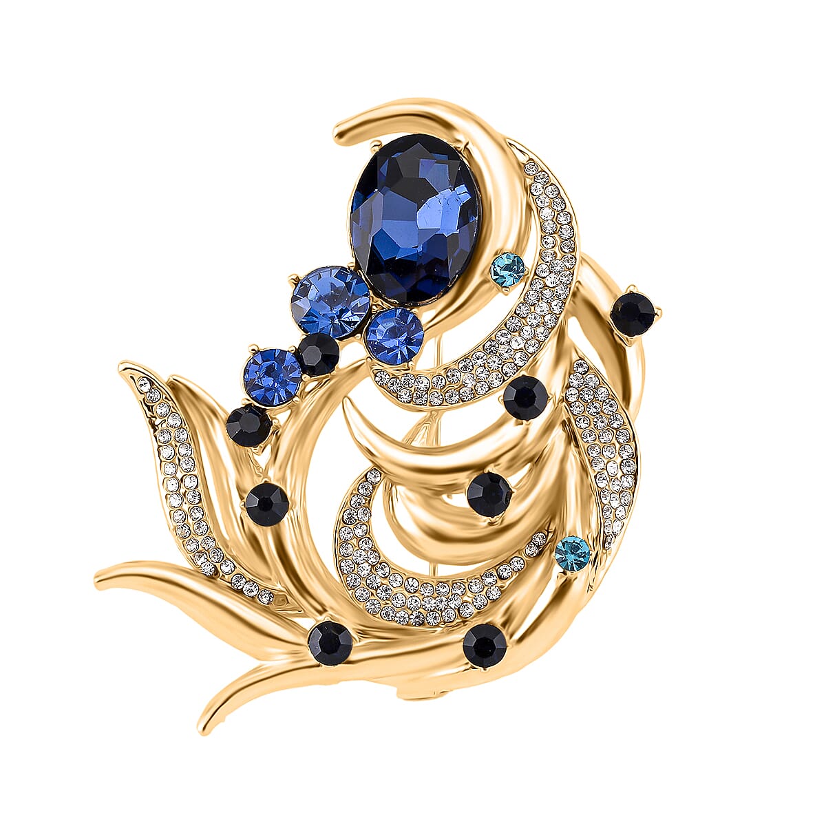 Austrian Blue &amp; White Crystal Brooch in Yellow Gold Colour Tone 8192313 0