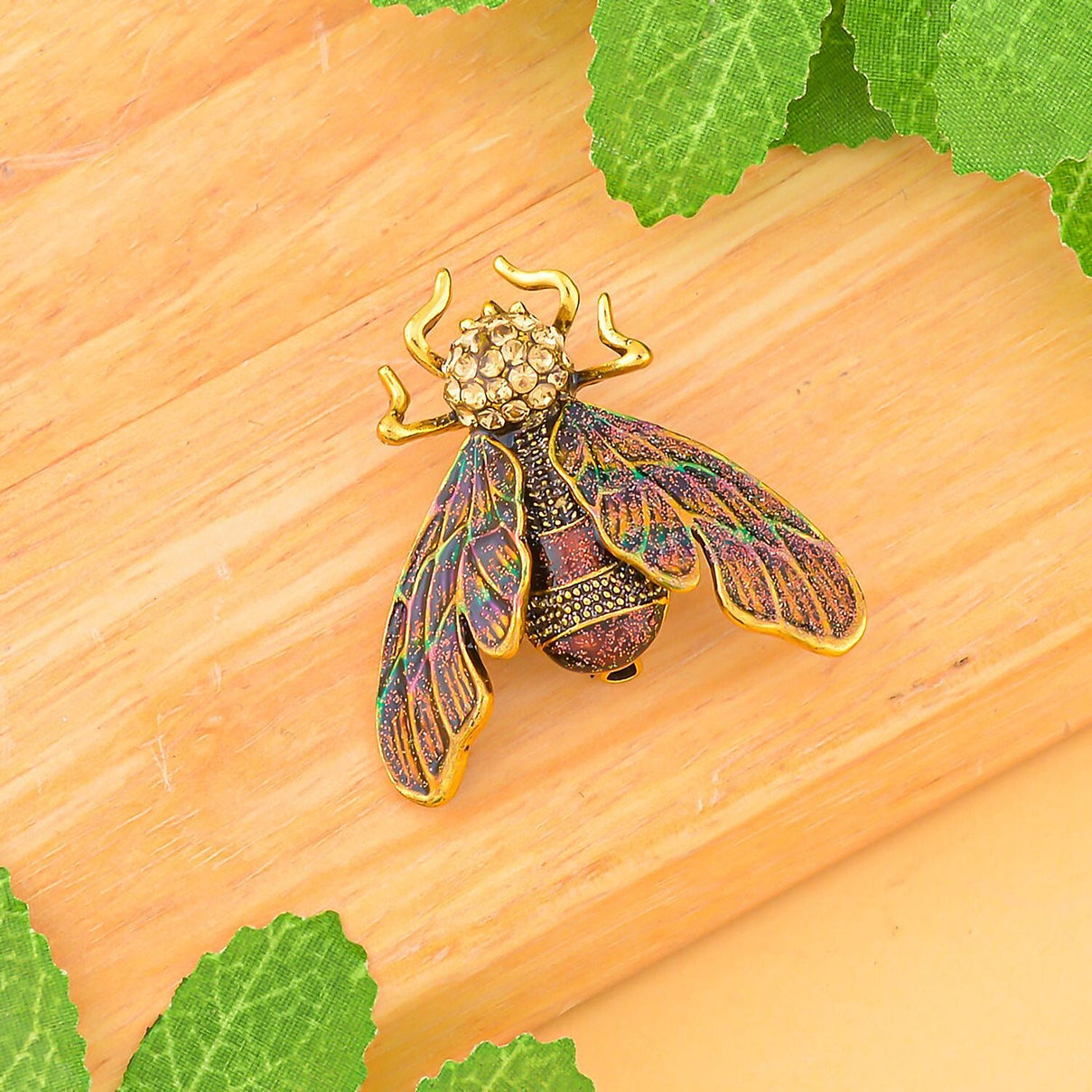 Austrian Crystal Multi Colour Enamelled Fly With Leaf Brooch in Antique Gold Tone 7426733 2