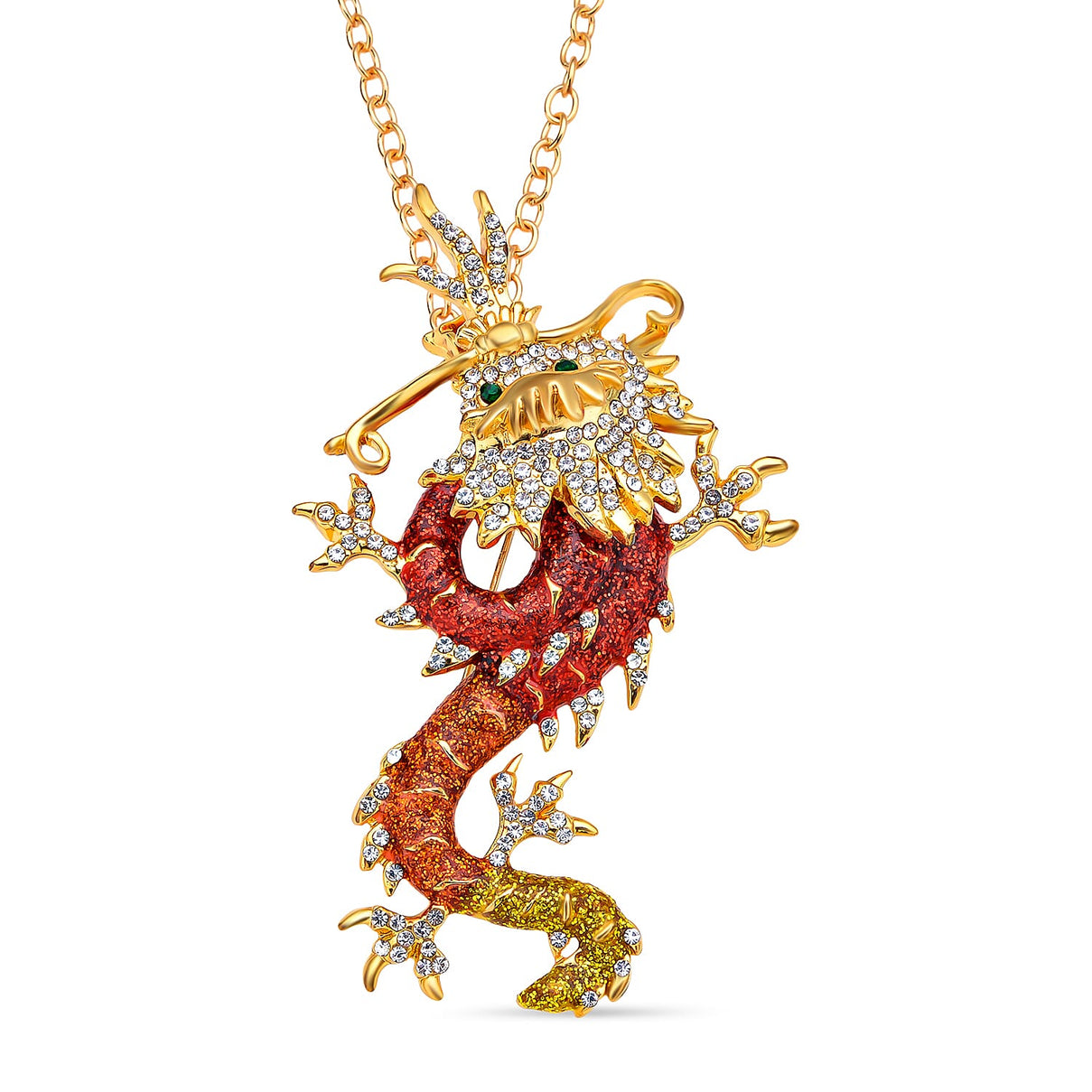 Austrian Green Crystal &amp; Austrian White Crystal Dragon Pendant Brooch with Chain (Size 24) 4418156 0