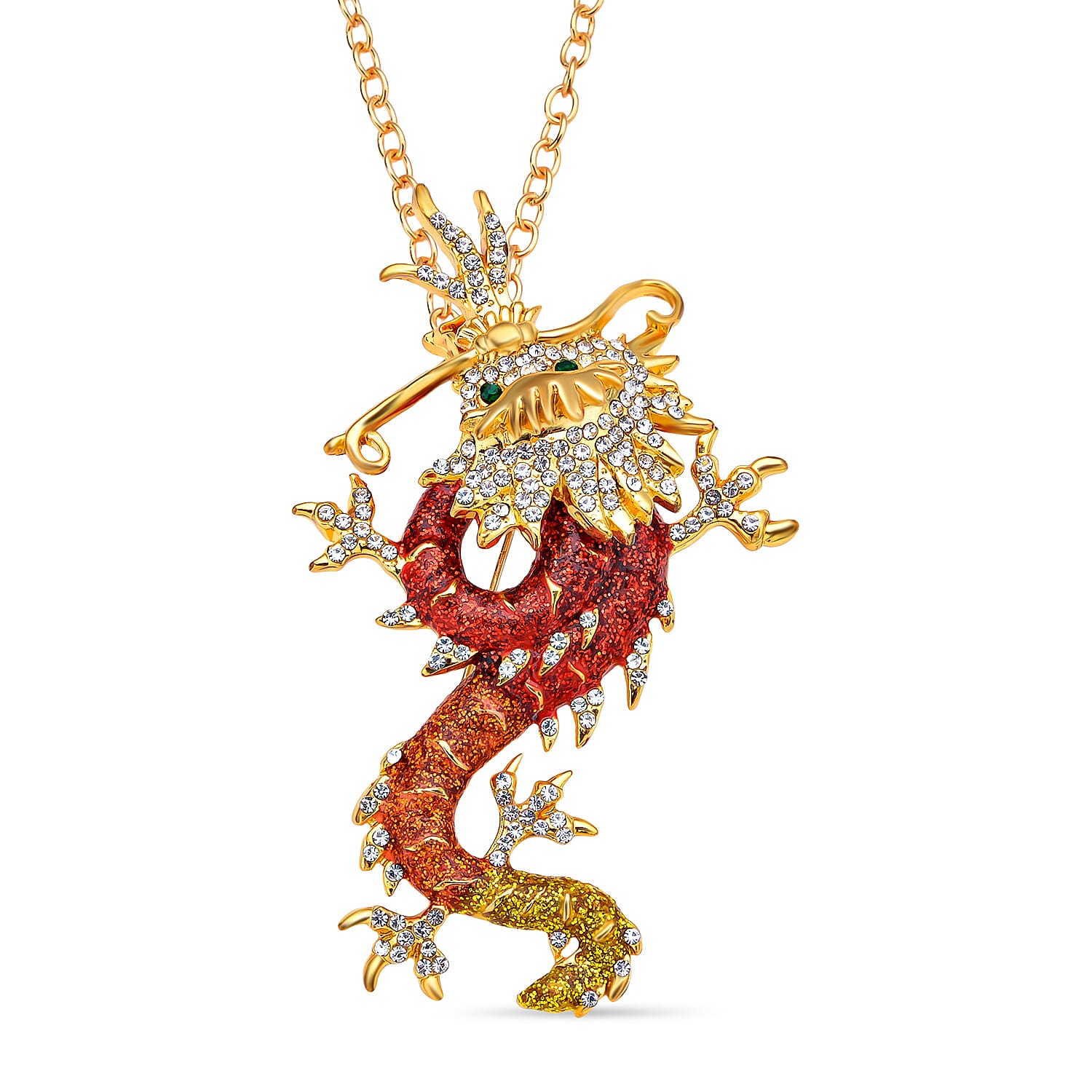 Austrian Green Crystal &amp; Austrian White Crystal Dragon Pendant Brooch with Chain (Size 24) 4418156 0