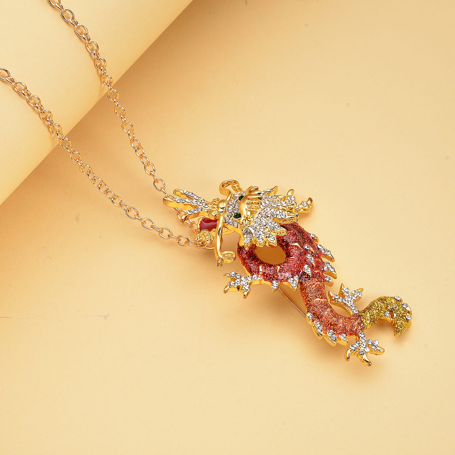 Austrian Green Crystal &amp; Austrian White Crystal Dragon Pendant Brooch with Chain (Size 24) 4418156 2