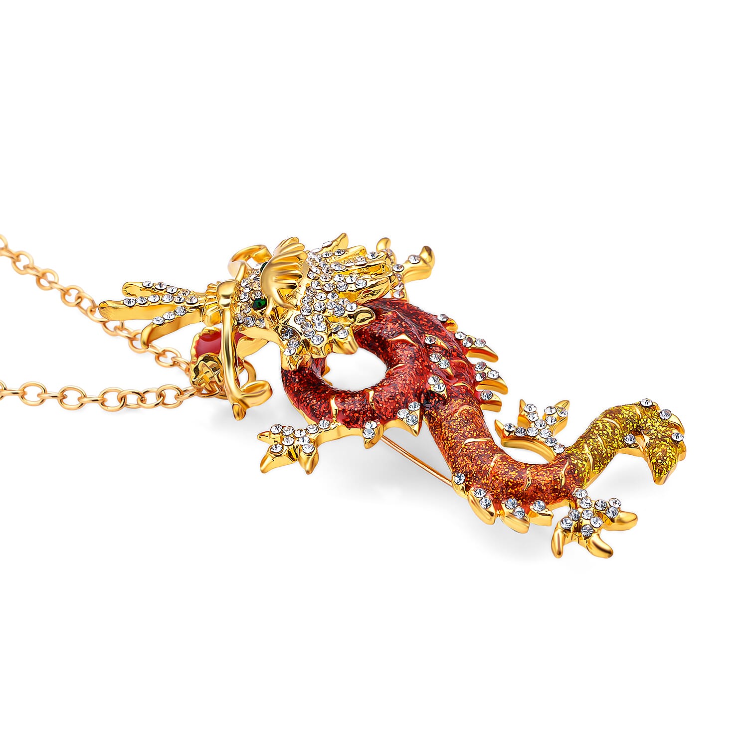 Austrian Green Crystal &amp; Austrian White Crystal Dragon Pendant Brooch with Chain (Size 24) 4418156 3