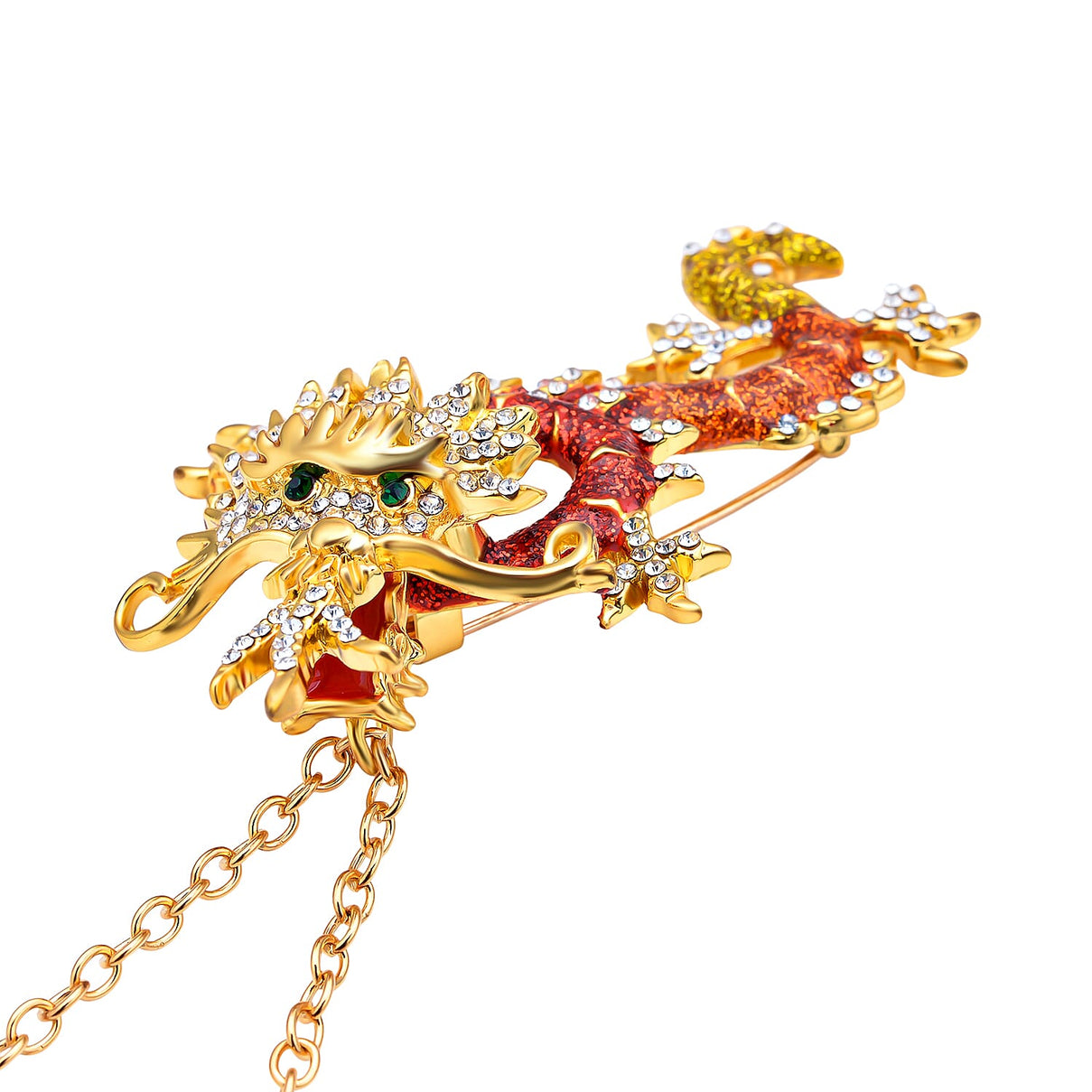 Austrian Green Crystal &amp; Austrian White Crystal Dragon Pendant Brooch with Chain (Size 24) 4418156 4