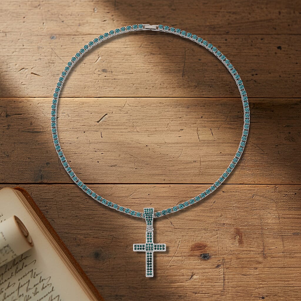 Austrian Green Crystal Cross Pendant with Chain (Size - 20) V32489075 2