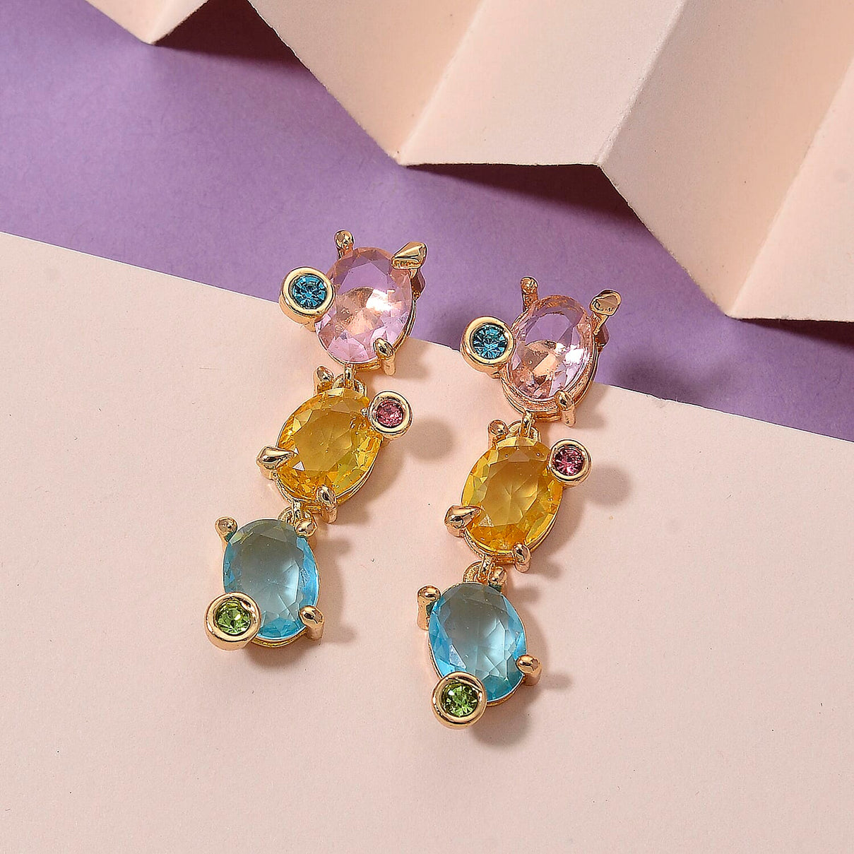 Austrian Multi Color Crystal Dangling Earring with Push Back in Yellow Gold Tone 8271472 2