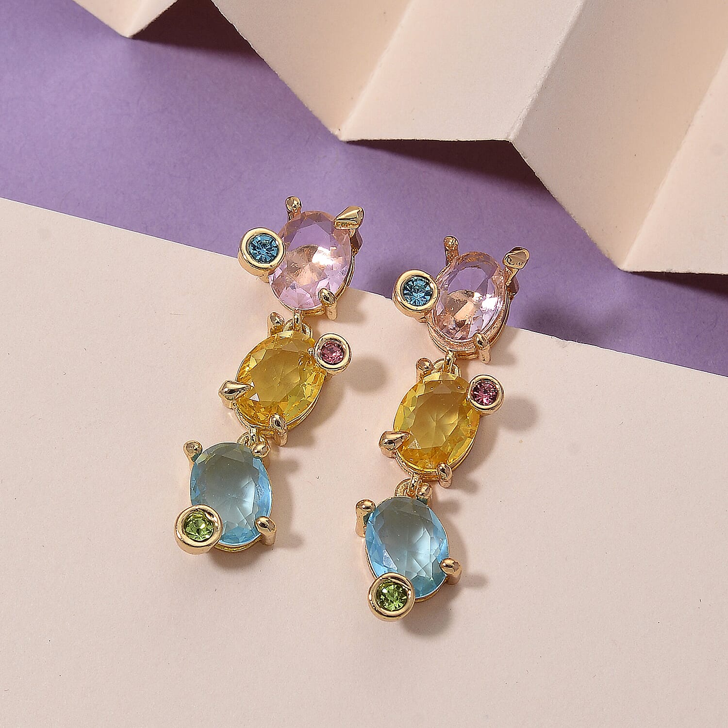 Austrian Multi Color Crystal Dangling Earring with Push Back in Yellow Gold Tone 8271472 2