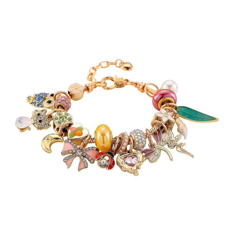Austrian Multi Colour Crystal & Pearl Dangle Charm Bracelet (Size - 7+1 EXT) in Yellow Gold Tone