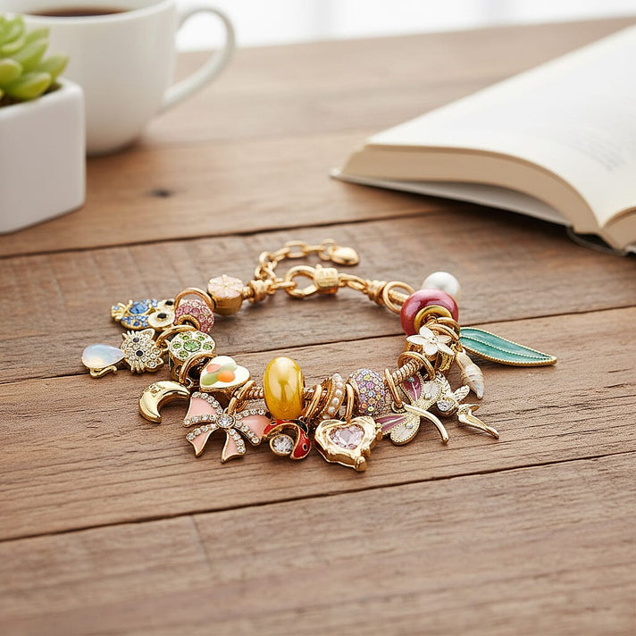 Austrian Multi Colour Crystal &amp; Pearl Dangle Charm Bracelet (Size - 7+1 EXT) in Yellow Gold Tone 8278838 2