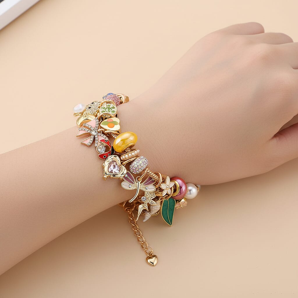 Austrian Multi Colour Crystal &amp; Pearl Dangle Charm Bracelet (Size - 7+1 EXT) in Yellow Gold Tone 8278838 3