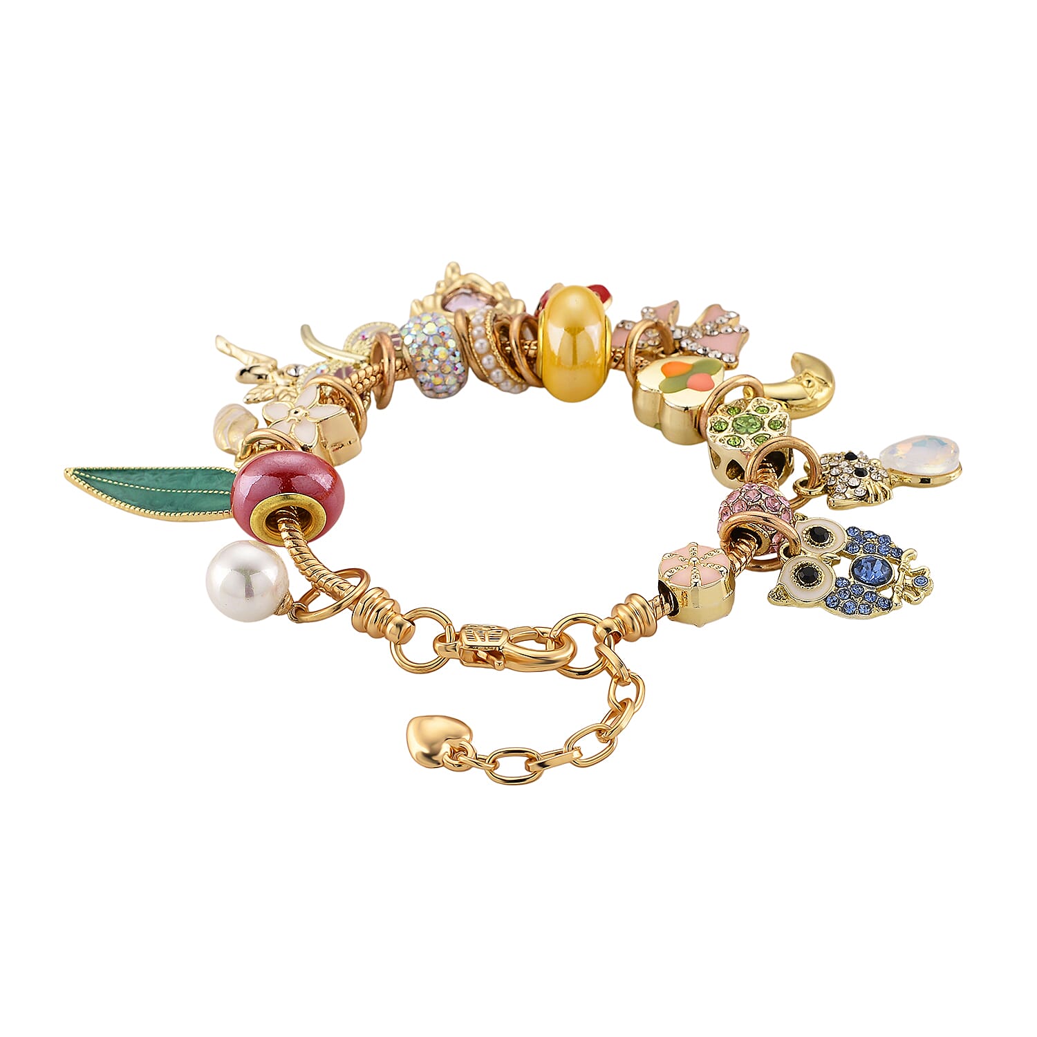 Austrian Multi Colour Crystal &amp; Pearl Dangle Charm Bracelet (Size - 7+1 EXT) in Yellow Gold Tone 8278838 4