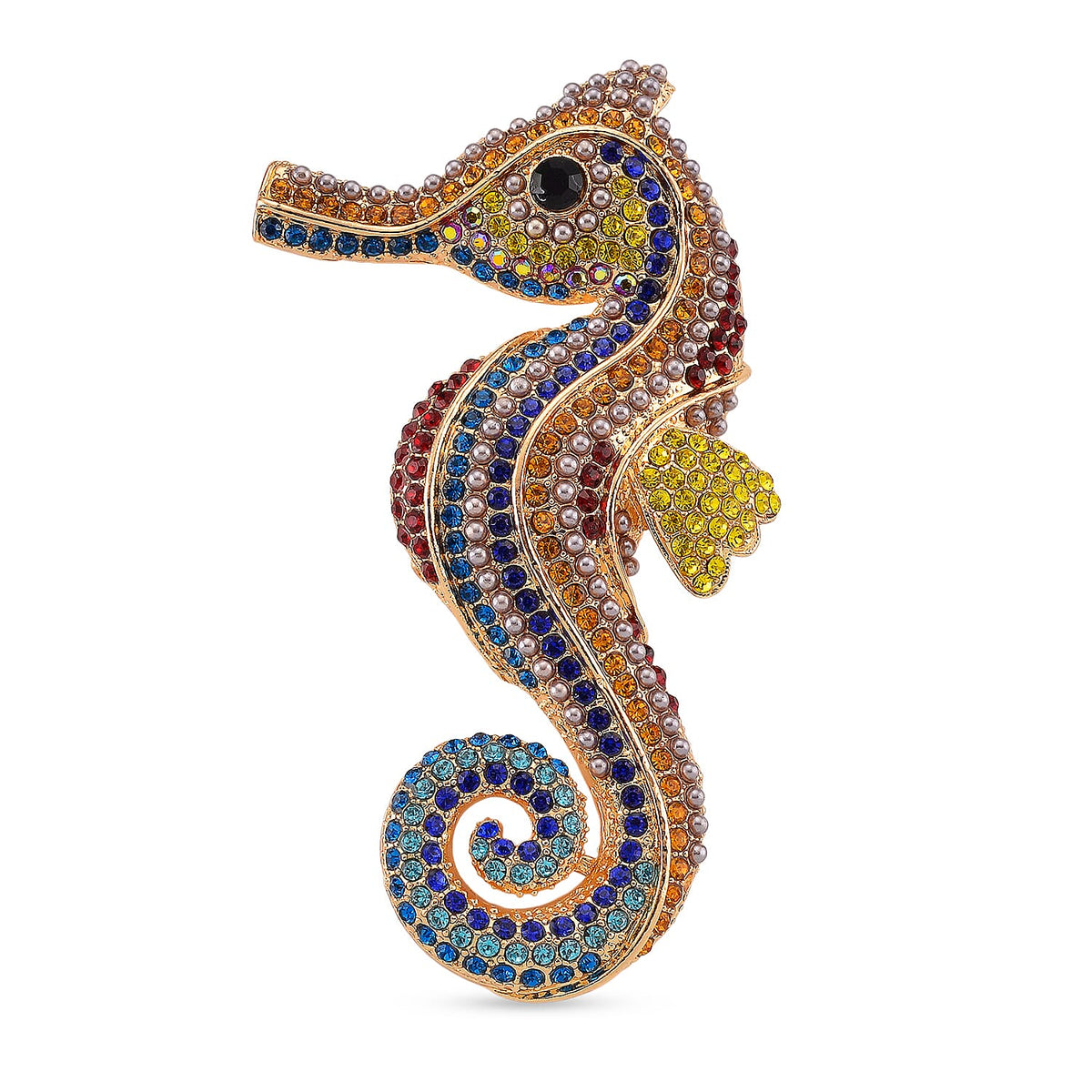 Austrian Multi Color Crystal &amp; Plastic Pearl Seahorse Brooch in Yellow Gold Colour Tone 8192311 0