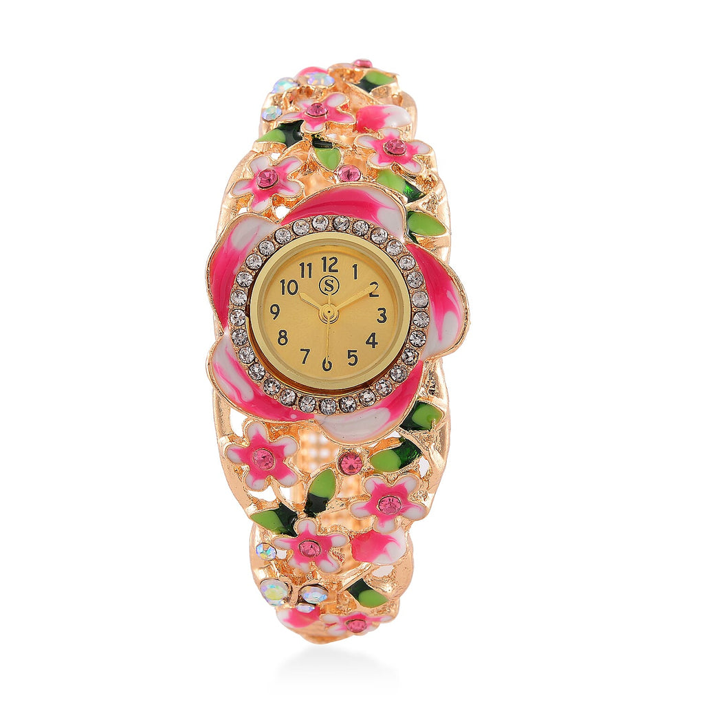 STRADA Japanese Movt. Water-Resistant Floral Bangle Watch with Multi Colour Enamel & Crystal Strap