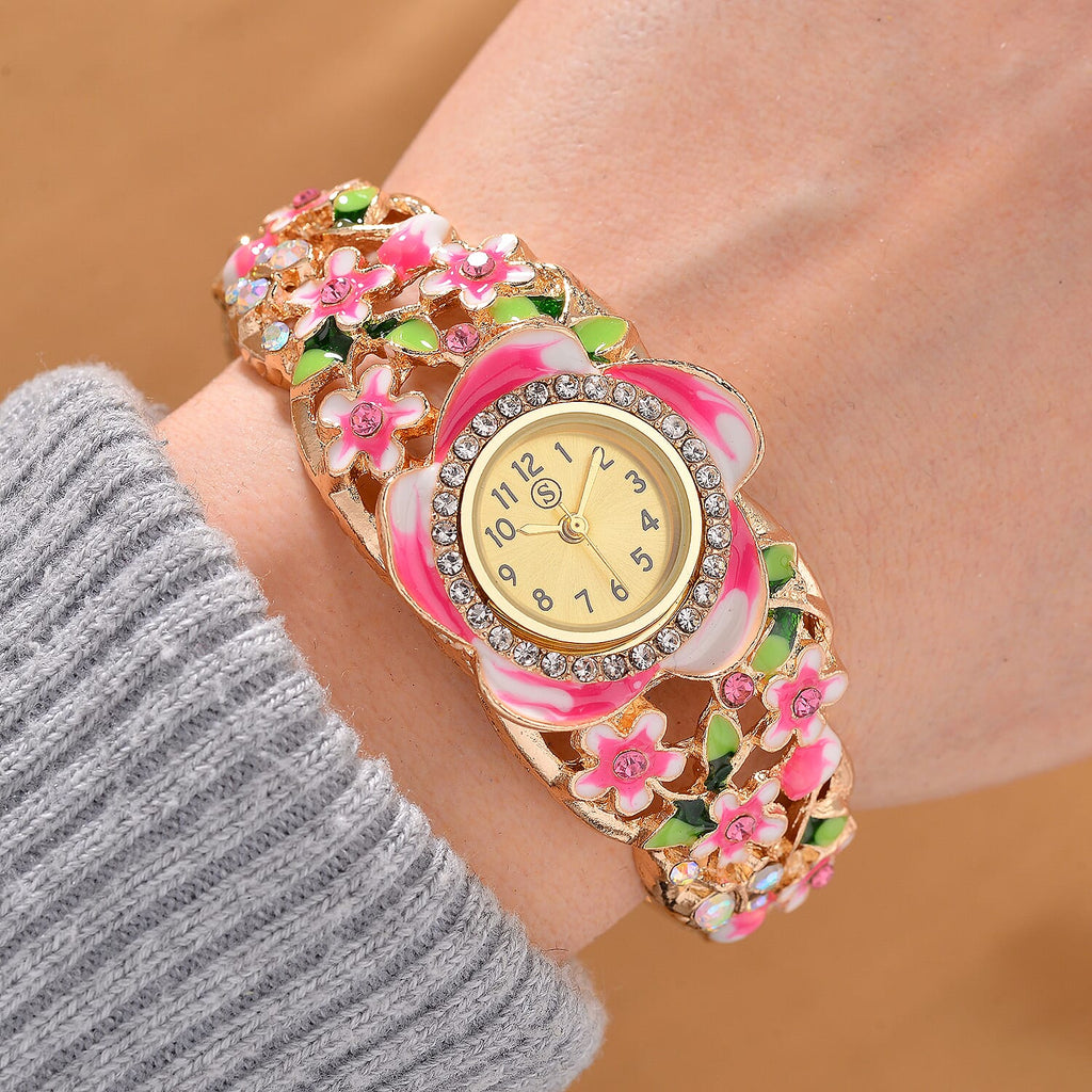 STRADA Japanese Movt. Water-Resistant Floral Bangle Watch with Multi Colour Enamel & Crystal Strap