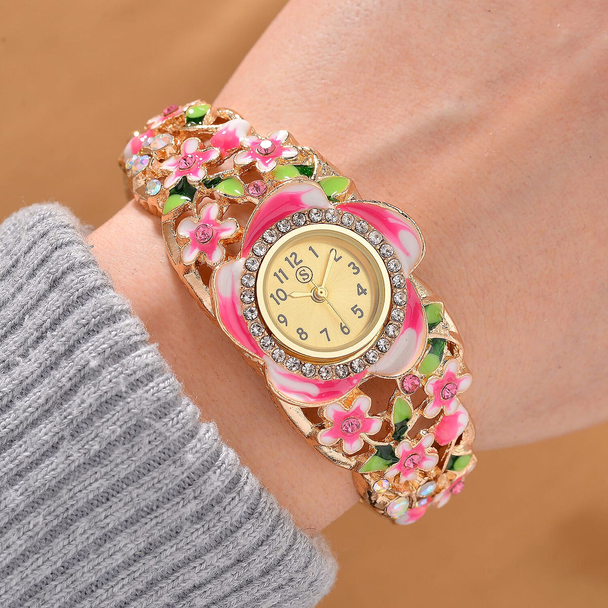 STRADA Japanese Movt. Water-Resistant Floral Bangle Watch with Multi Colour Enamel &amp; Crystal Strap 8050209 2