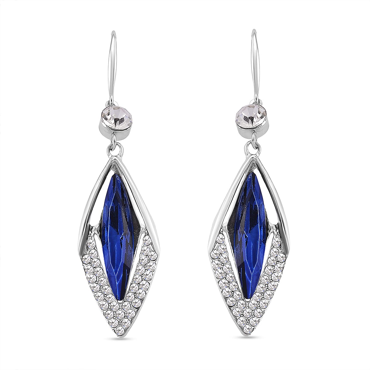 Austrian White Crystal &amp; Austrian Blue Crystal Dangling Earring with Hook in White Gold Plated 8254455 0