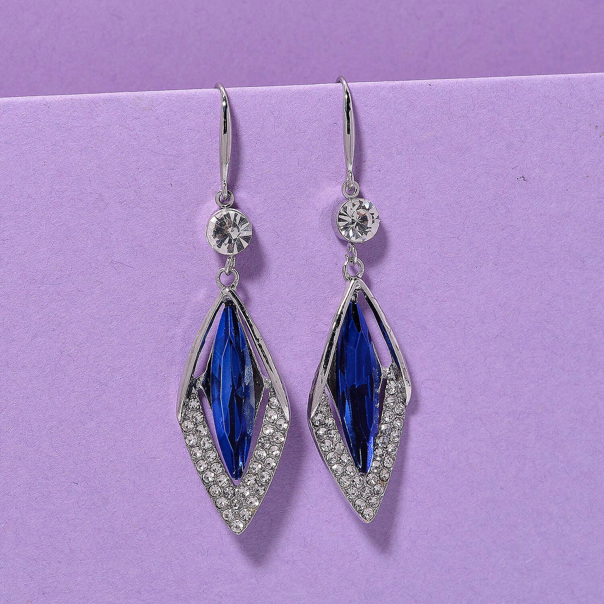 Austrian White Crystal &amp; Austrian Blue Crystal Dangling Earring with Hook in White Gold Plated 8254455 2