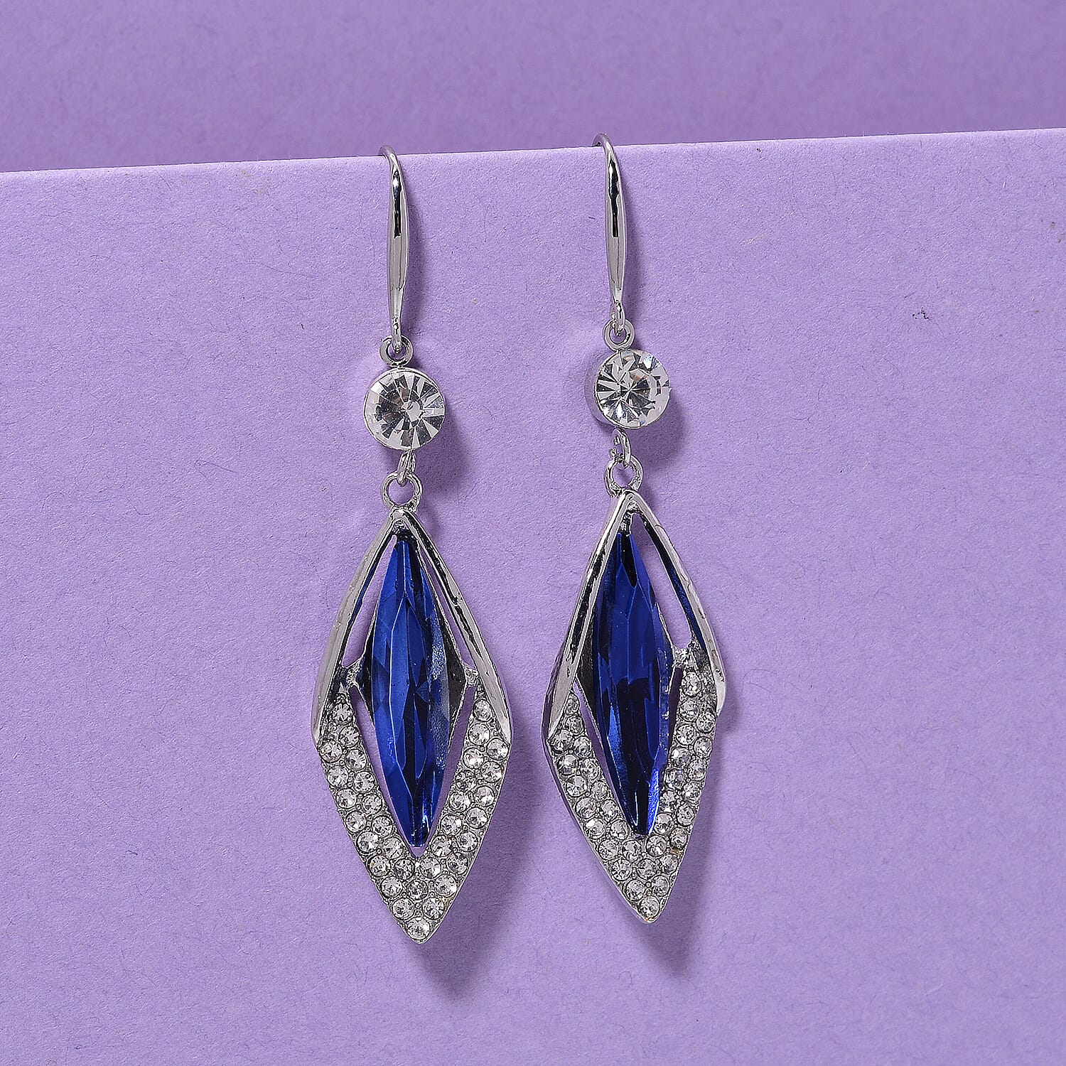 Austrian White Crystal &amp; Austrian Blue Crystal Dangling Earring with Hook in White Gold Plated 8254455 2
