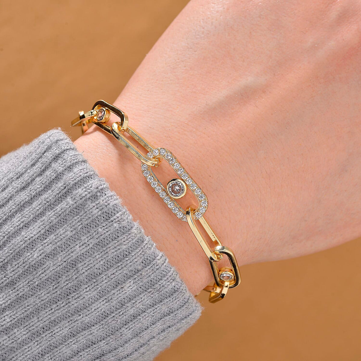 Designer Inspired - Paperclip Link White Crystal Bracelet (Size - 7.5) with Lobster Clasp in Yellow Gold Tone 8139901 2