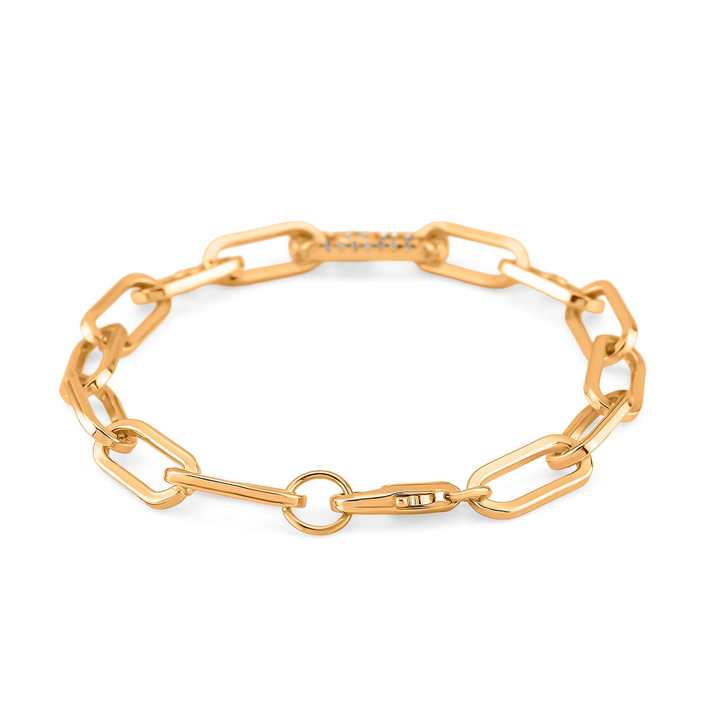 Designer Inspired - Paperclip Link White Crystal Bracelet (Size - 7.5) with Lobster Clasp in Yellow Gold Tone