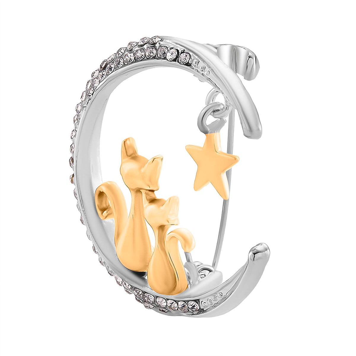 Austrian White Crystal Twin Cats &amp; Moon Brooch in White &amp; Yellow Gold Colour Tone 8192317 3
