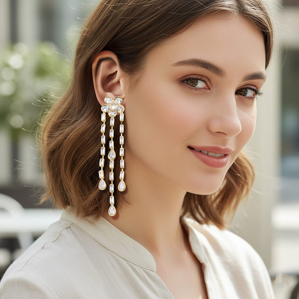 Cascade Collection - Austrian White Crystal Earrings with Push Back in Yellow Gold Plated
