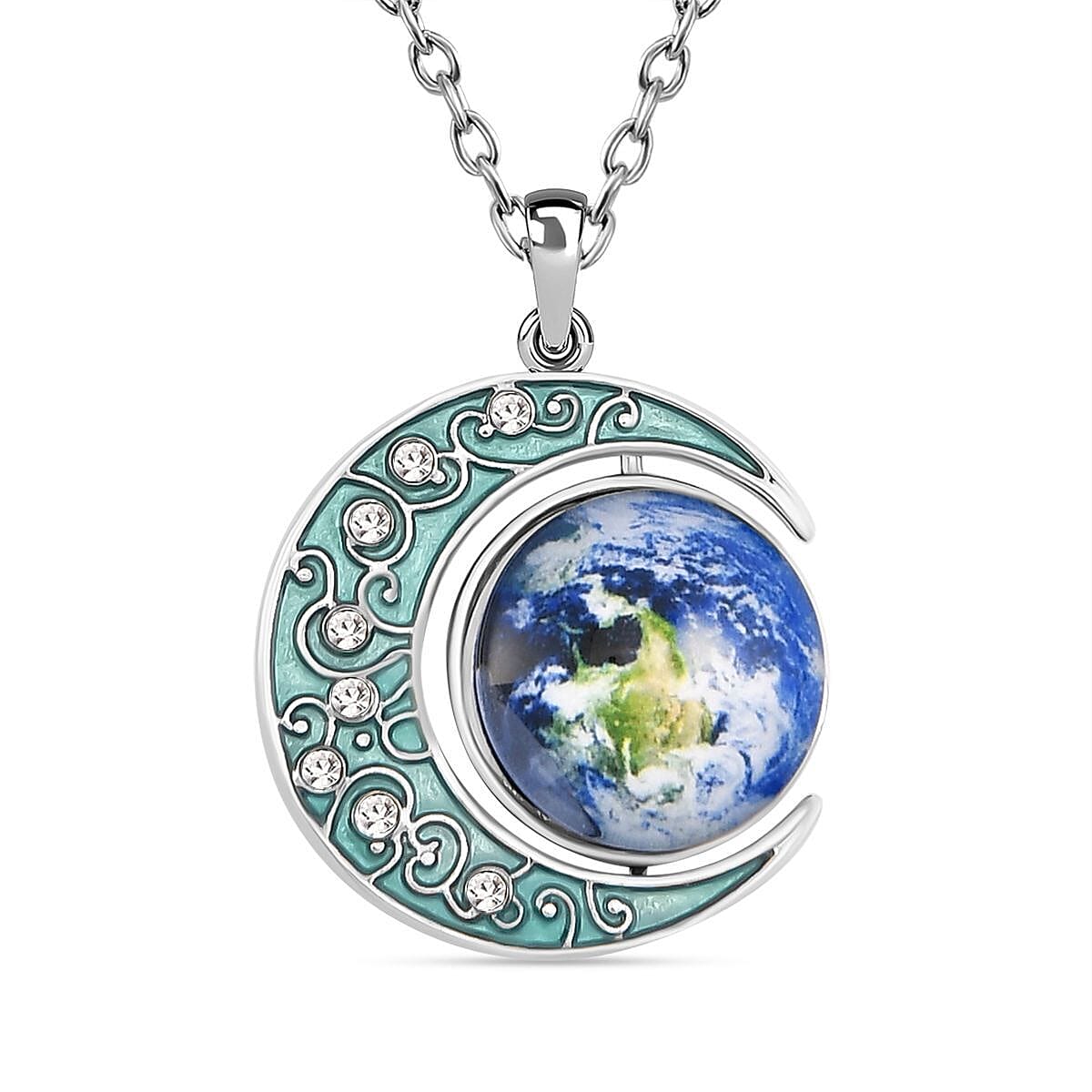 White Austrian Crystal Enamelled Moon &amp; Earth Pendant with Chain (Size 24-2 Ext.) 4123358 0