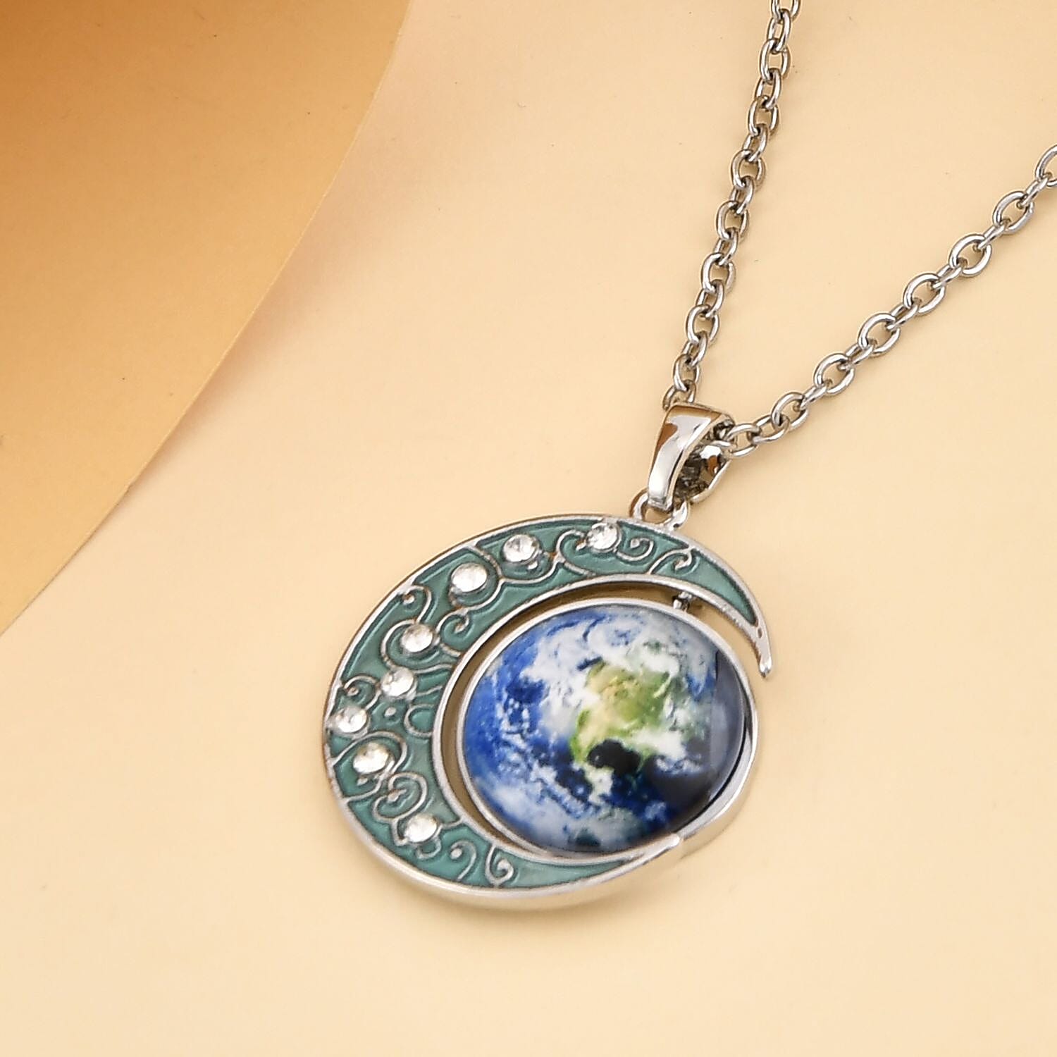 White Austrian Crystal Enamelled Moon &amp; Earth Pendant with Chain (Size 24-2 Ext.) 4123358 3