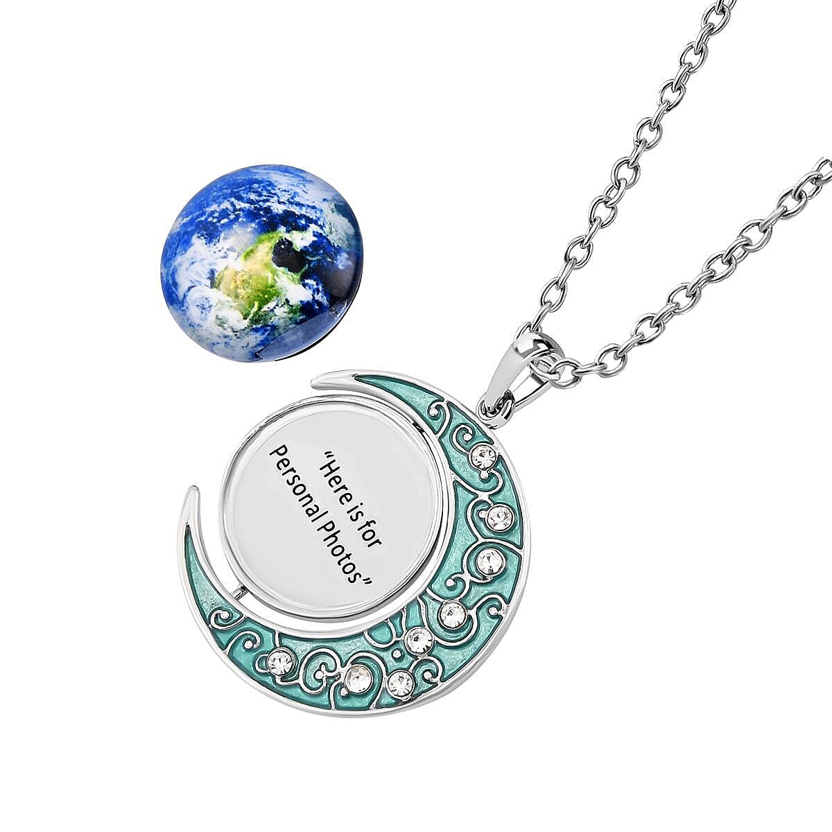 White Austrian Crystal Enamelled Moon &amp; Earth Pendant with Chain (Size 24-2 Ext.) 4123358 4