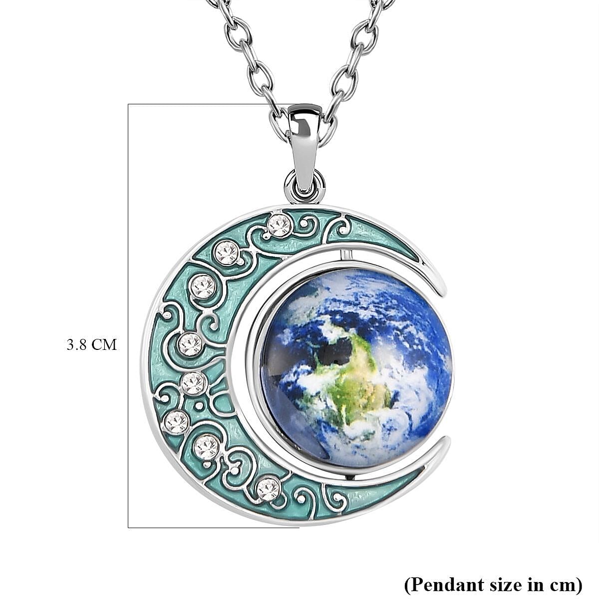 White Austrian Crystal Enamelled Moon &amp; Earth Pendant with Chain (Size 24-2 Ext.) 4123358 7