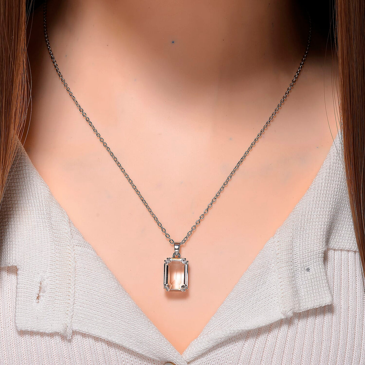 Austrian White Crystal Solitaire Pendant with Chain (Size 20-2 Ext) with Lobster Clasp in White Tone V32531114 2