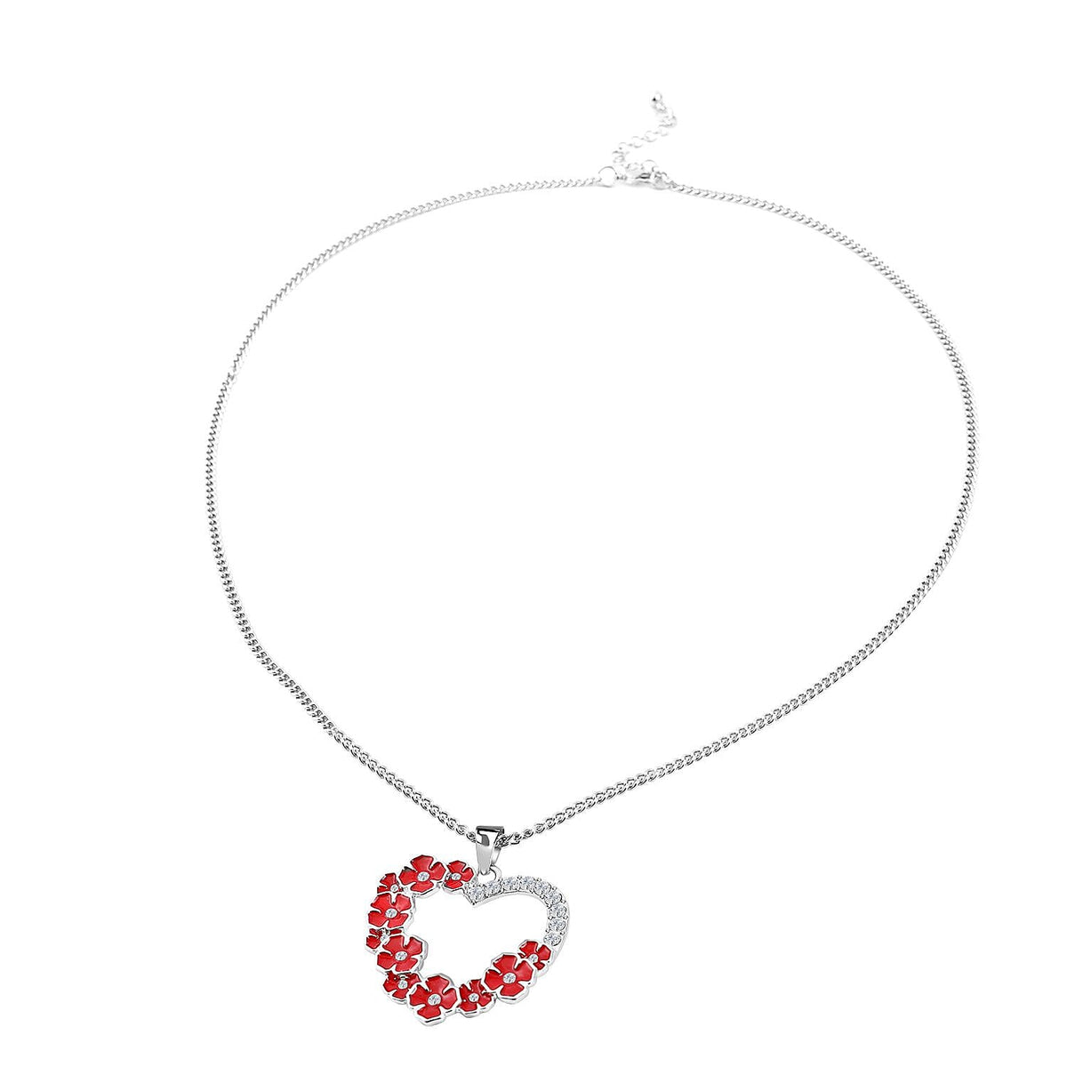 Austrian White Crystal Floral Heart Pendant with Chain (Size 24 - 2 Ext) in Silver Tone 4411328 0
