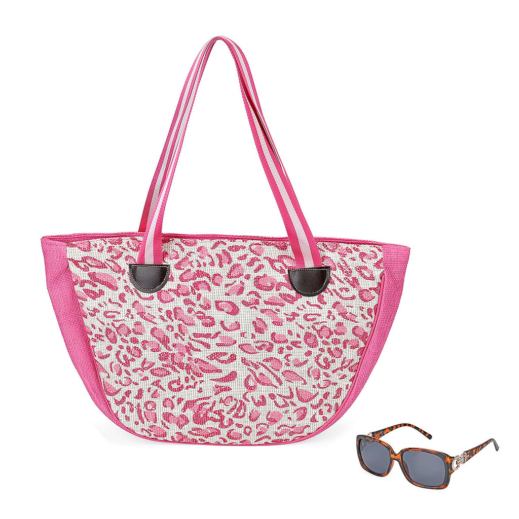 Leopard Pattern Tote Bag with Sunglasses - Pink