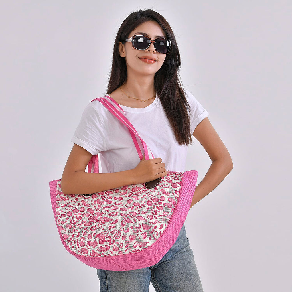 Leopard Pattern Tote Bag with Sunglasses - Pink