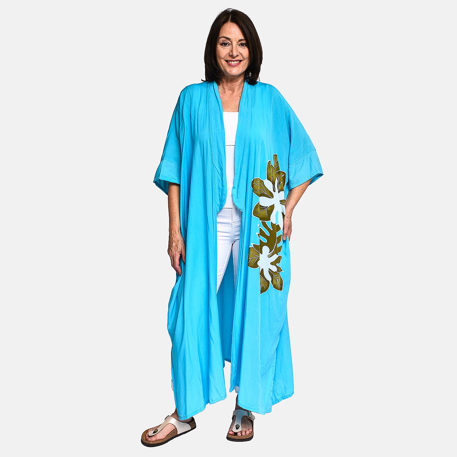 Bali Collection - Handpainted Floral Pattern Kimono (One Size) - Turquoise 8892230 0