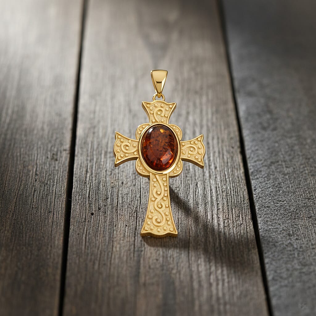 Baltic Amber Cross Pendant in Gold Overlay Sterling Silver 5.00 Ct,  Silver Wt. 7.00 Gms. 8061957 1