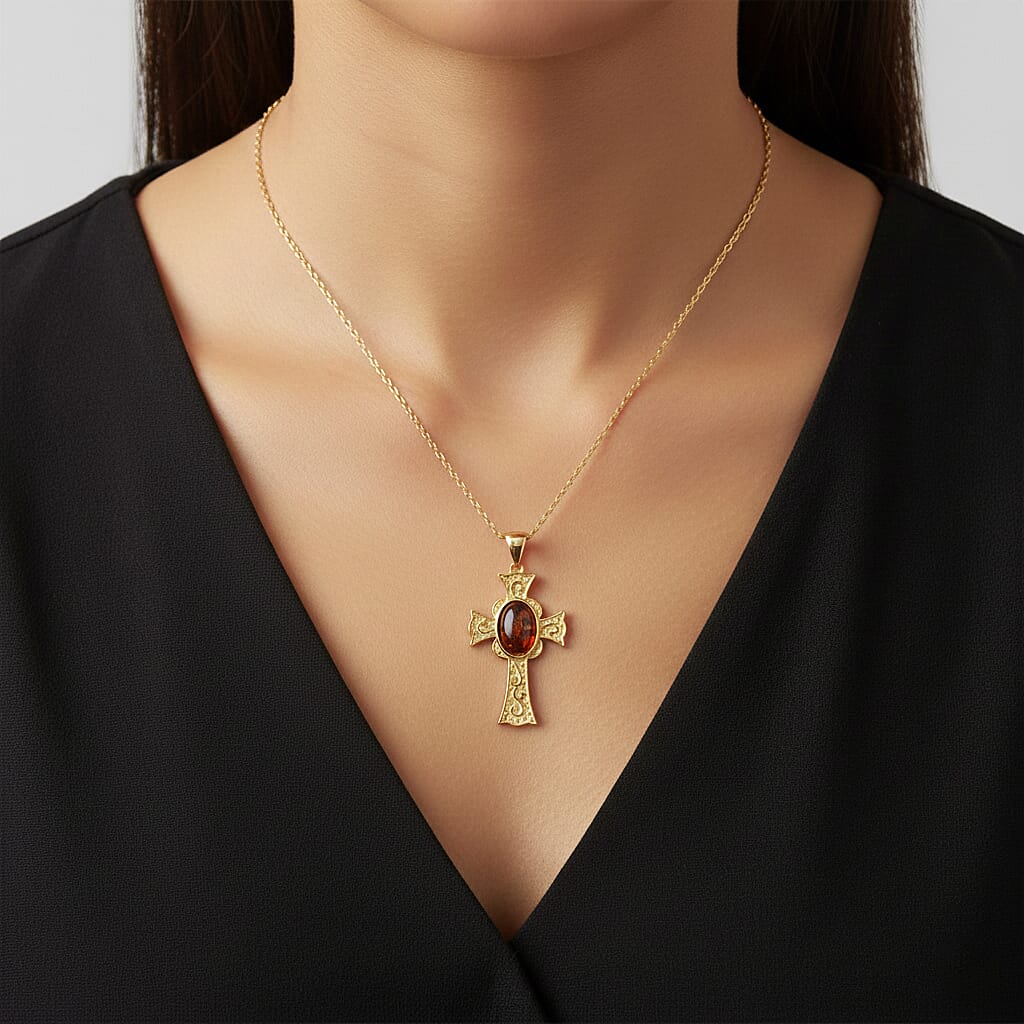 Baltic Amber Cross Pendant in Gold Overlay Sterling Silver 5.00 Ct,  Silver Wt. 7.00 Gms. 8061957 2