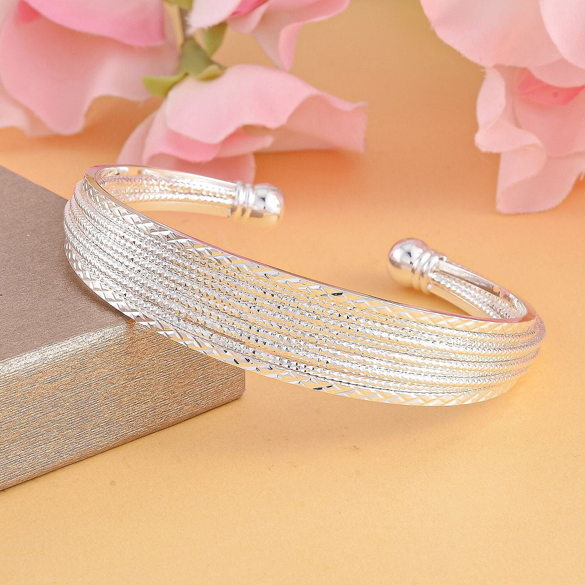 Diamond Cut Adjustable Cuff Bangle (Size 7.5) in Silver Tone 7557026 2