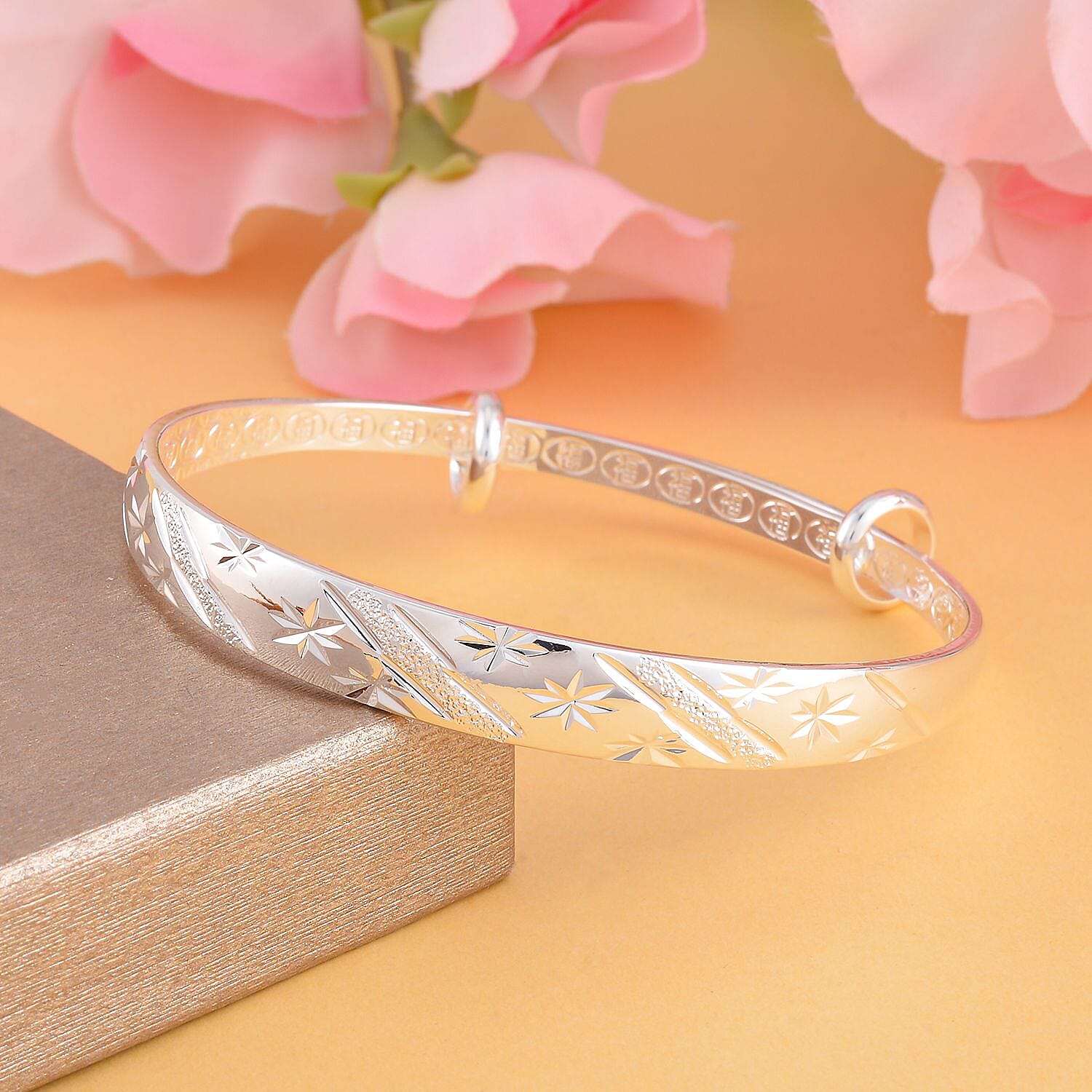 Star Pattern Adjustable Cuff Bangle (Size 6.5 - 7.5) in Silver Tone 7557033 1