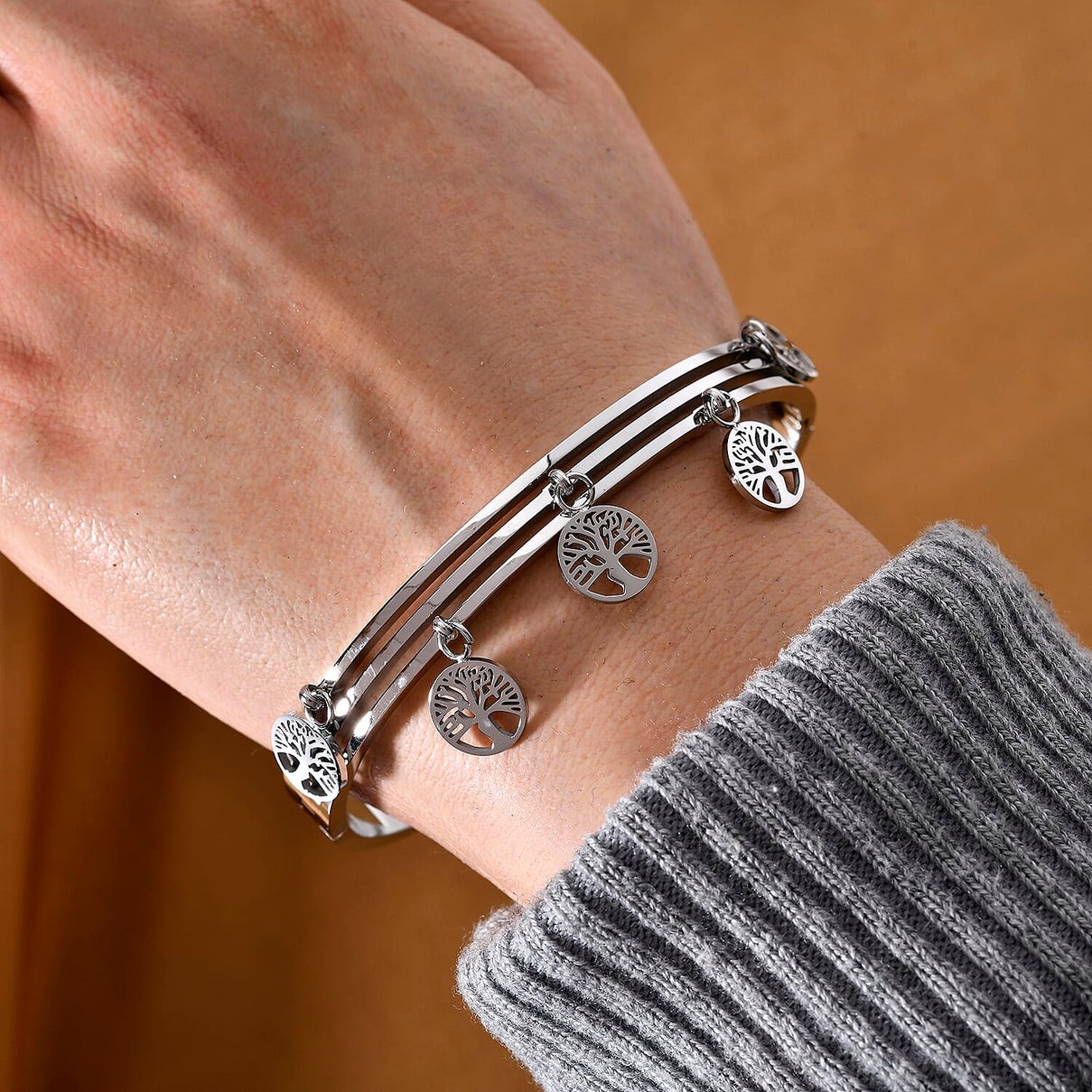 Designer Closeout - Tree of Life Charm Bangle (Size - 7.5) in White Tone 7843409 1